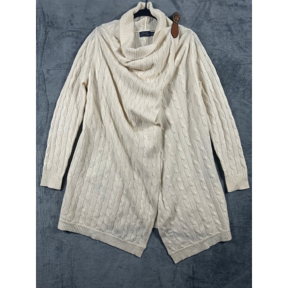 Polo Ralph Lauren Merino Wool Cashmere Cable Knit Buckle Cardigan Cream M